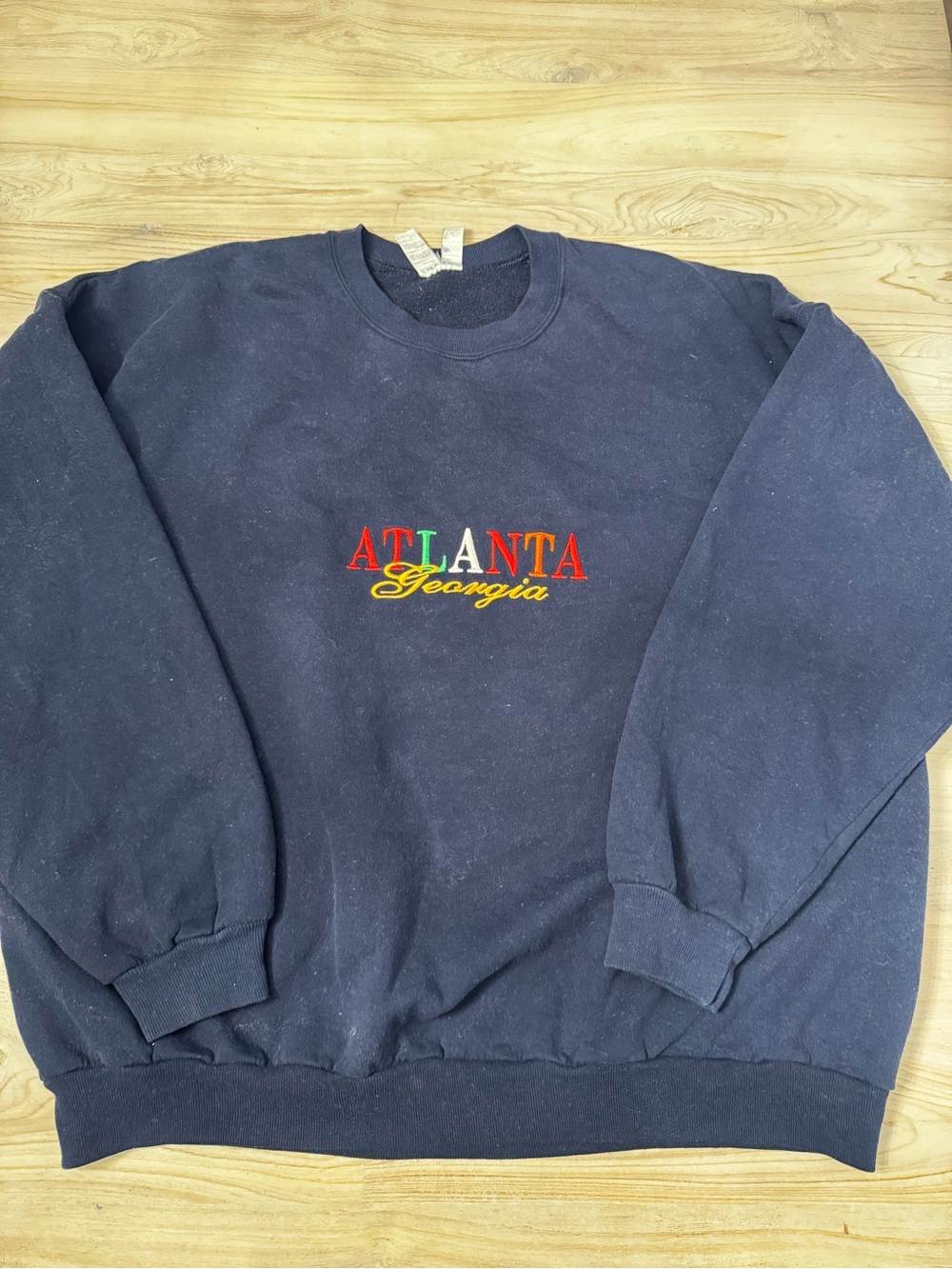 Vintage Jerzees Navy Crewneck Sweater with Multicolor Atlanta Georgia Embroidery